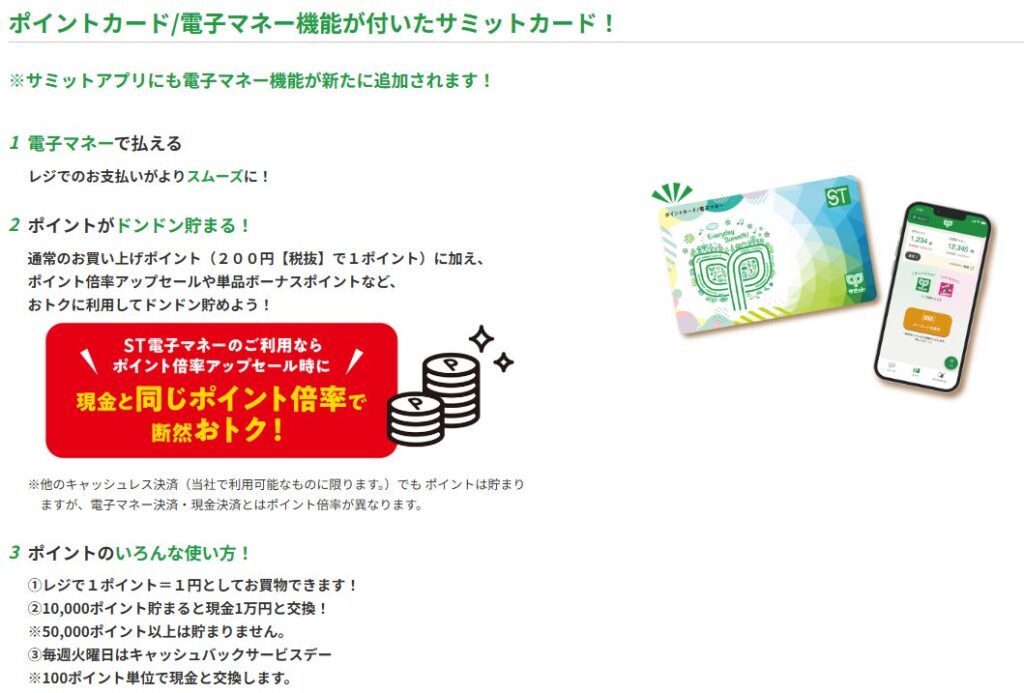 サミットカード（ポイント・電子マネー機能付き）のサービス案内。主な特徴として、1.電子マネー支払いでレジがスムーズになること、2.ポイント倍率アップセール時に現金と同じ倍率でポイントが貯まること、3.貯まったポイントは1ポイント1円として使えるほか、毎週水曜日のキャッシュバックサービスデーには10,000ポイントを現金1万円と交換できることを説明する画像。