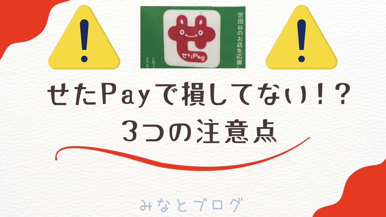 「せたPayで損してない！？ 3つの注意点」というタイトルが入ったブログのアイキャッチ画像。中央に「せたがやPay」のロゴマーク、その左右に黄色い三角形の警告マークが配置されている。下部には「みなとブログ」のロゴ入り。